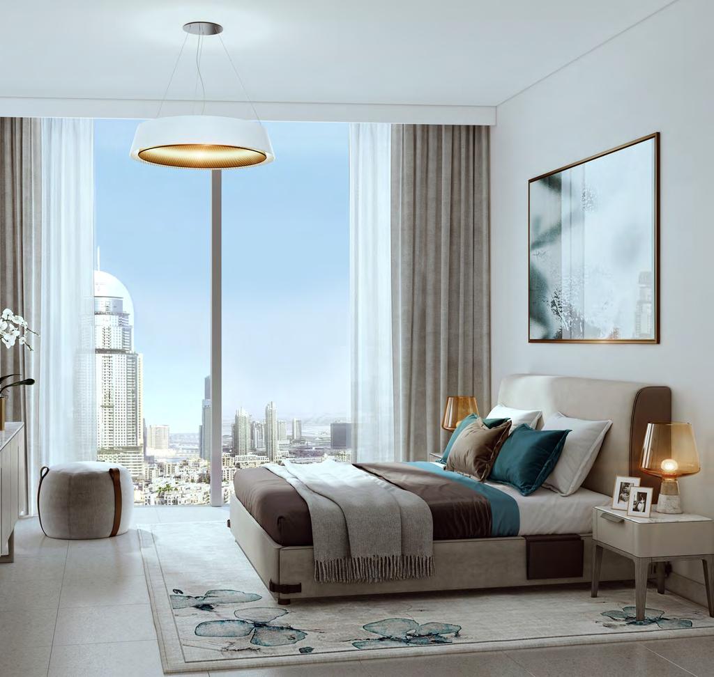 A SANCTUARY WITH ENVIABLE V I E W S The master bedroom combines mesmerising views of Downtown Dubai with a relaxing space in which