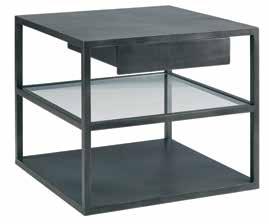 54 MODERN LIVING MODERN LIVING 55 STEF CONSOLE TABLE The Stef Console is an all metal frame in a black industrial finish with clear lower glass shelves and a travertine top that adds an unexpected