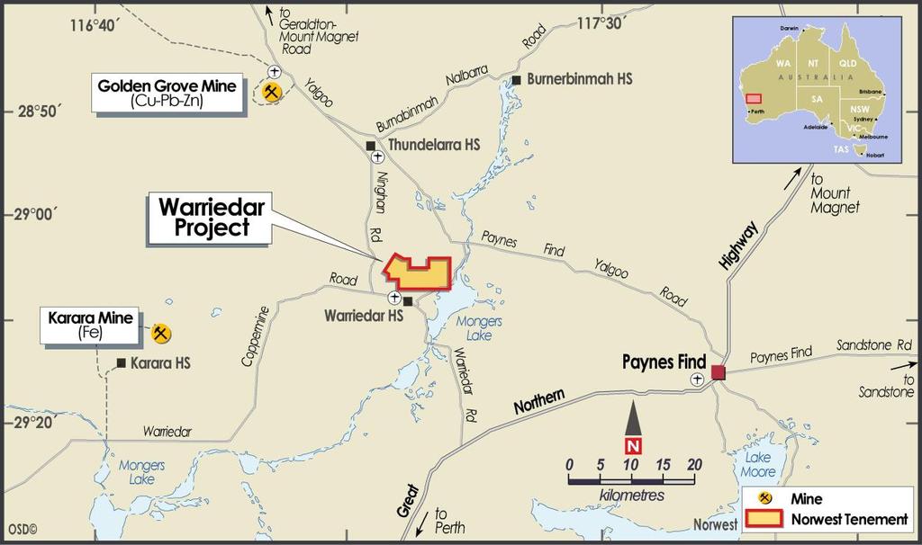 Warriedar Gold Project Australian Mines 100%-owned Warriedar Gold Project, located 125 kilometres southwest of Mount Magnet in Western Australia, represents a near-term production opportunity for the