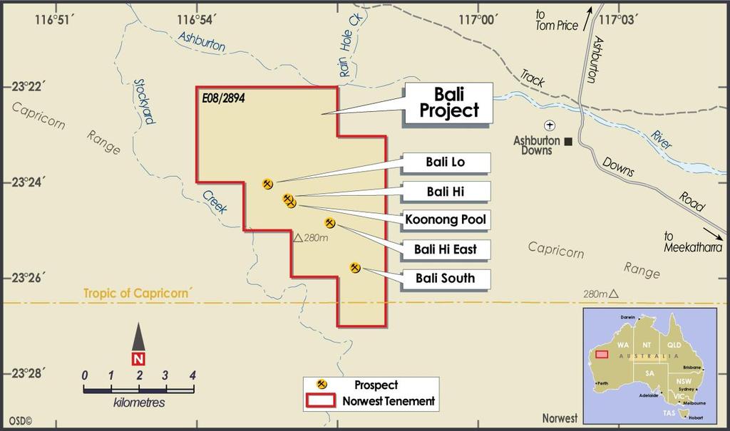 Figure 9: Five zones of copper mineralisation have already been identified across the Ashburton (Bali) Copper Project. The mineralisation at the Bali Hi prospect, for example, extends for 280 metres.
