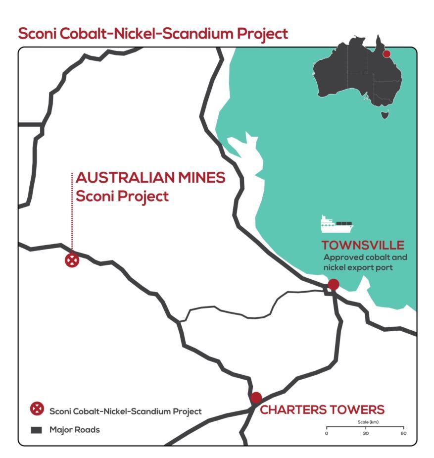 Figure 2: The Sconi Project is located in North Queensland, approximately 250 kilometres on sealed roads from an existing nickel and cobalt export port at the regional centre of Townsville.