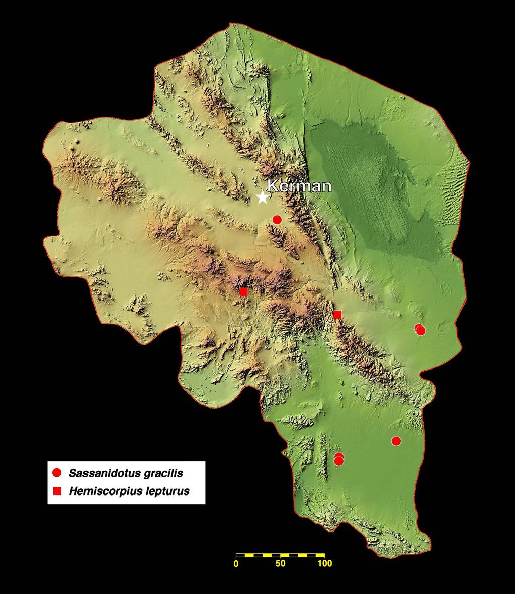 20 Euscorpius 2011, No. 131 Figure 16: Map of Kerman Province showing distribution of Sassanidotus gracilis (Birula, 1900) and Hemiscorpius lepturus Peters, 1861collected in this study.