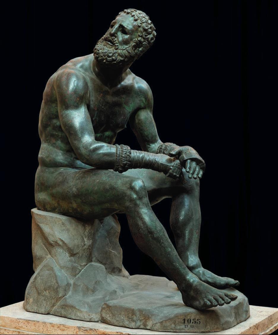 41. Seated Boxer Hellenistic Greek c. 100 B.C.E. Bronze Rare Hellenistic bronze. Part of a group? Or single sculpture with head turned to face an opponent?