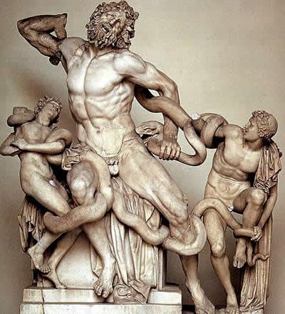 Laocoon displeased Apollo by sleeping with his wife and sent two