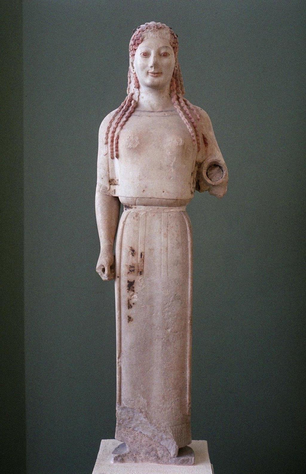 28. Peplos Kore from the Acropolis Archaic Greek c. 530 B.C.E. Marble, painted details Broken hand probably means she was fitted with an attribute. Goddess?