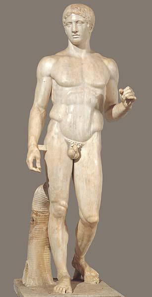 34. Doryphoros (Spear Bearer) Polykleitos 450-440 B.C.E. Roman copy (marble) of Greek original (bronze) Alternating elements of tension and relaxation.
