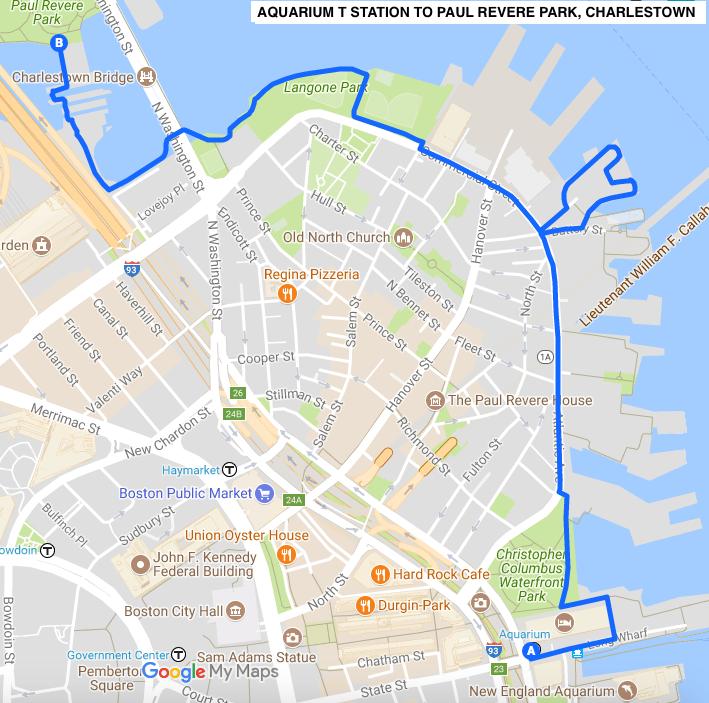STAGE 4: approx. 2 miles 1. Exit Aquarium T Station and walk towards the water. Take the path that passes around to the left of the Marriott Long Wharf Hotel.