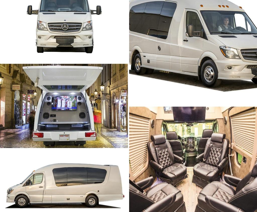 Ideal for corporate transportation, tailgating and private events Six 360 captains chairs with power outlets, cup holders, and phone charging stations 4 person dinette table that converts to a bed