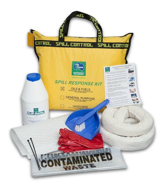 65x53x20cm 1 Weatherproof Carry Bag (clearly labelled) 1 Spill-Sweep Absorbent- 5 litres 5 Oil Only Absorbent Pads 2 Mini Booms 75mmDia x 1.