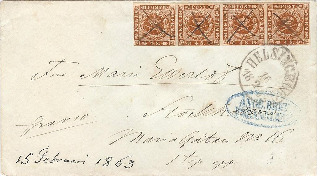 Here the cover and the stamps are cancelled with a cross in ink.