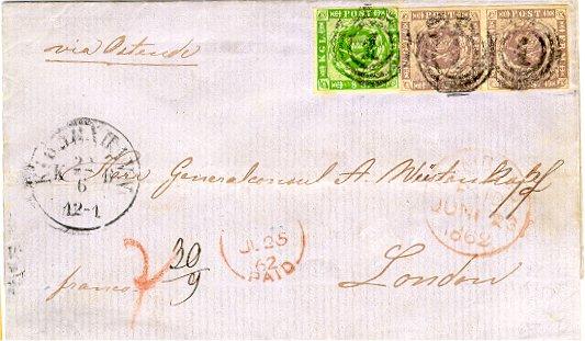 Letter sent from Copenhagen 22 June 1862 to London. Upper left endorsement via Ostende On reverse K.D.O.P.A Hamburg 23.