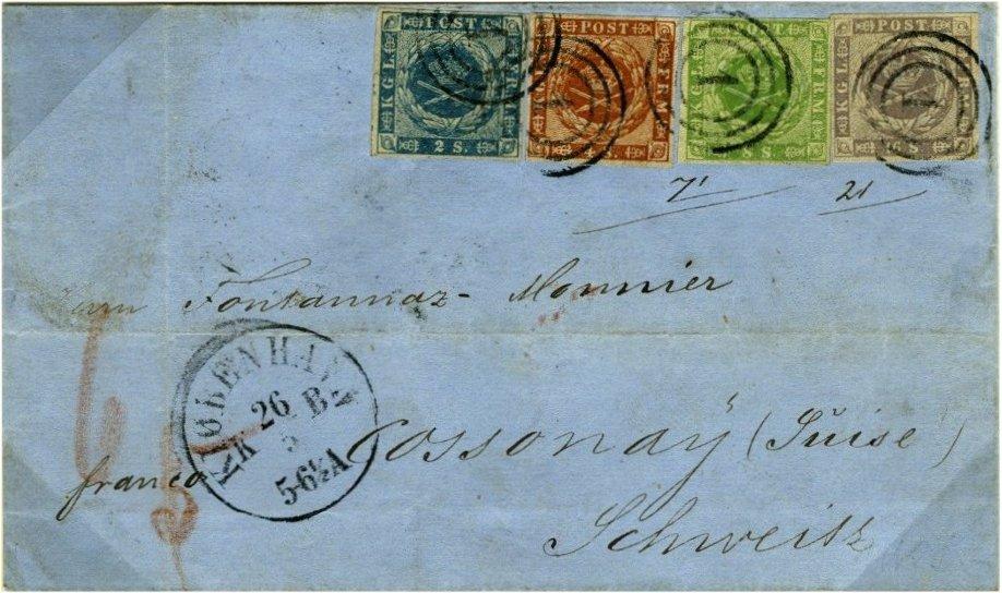 According to Cours Circulaire 1852/19 dated 9 November 1852 the postage for mail between Denmark and Swiss are to be calculated as follows: