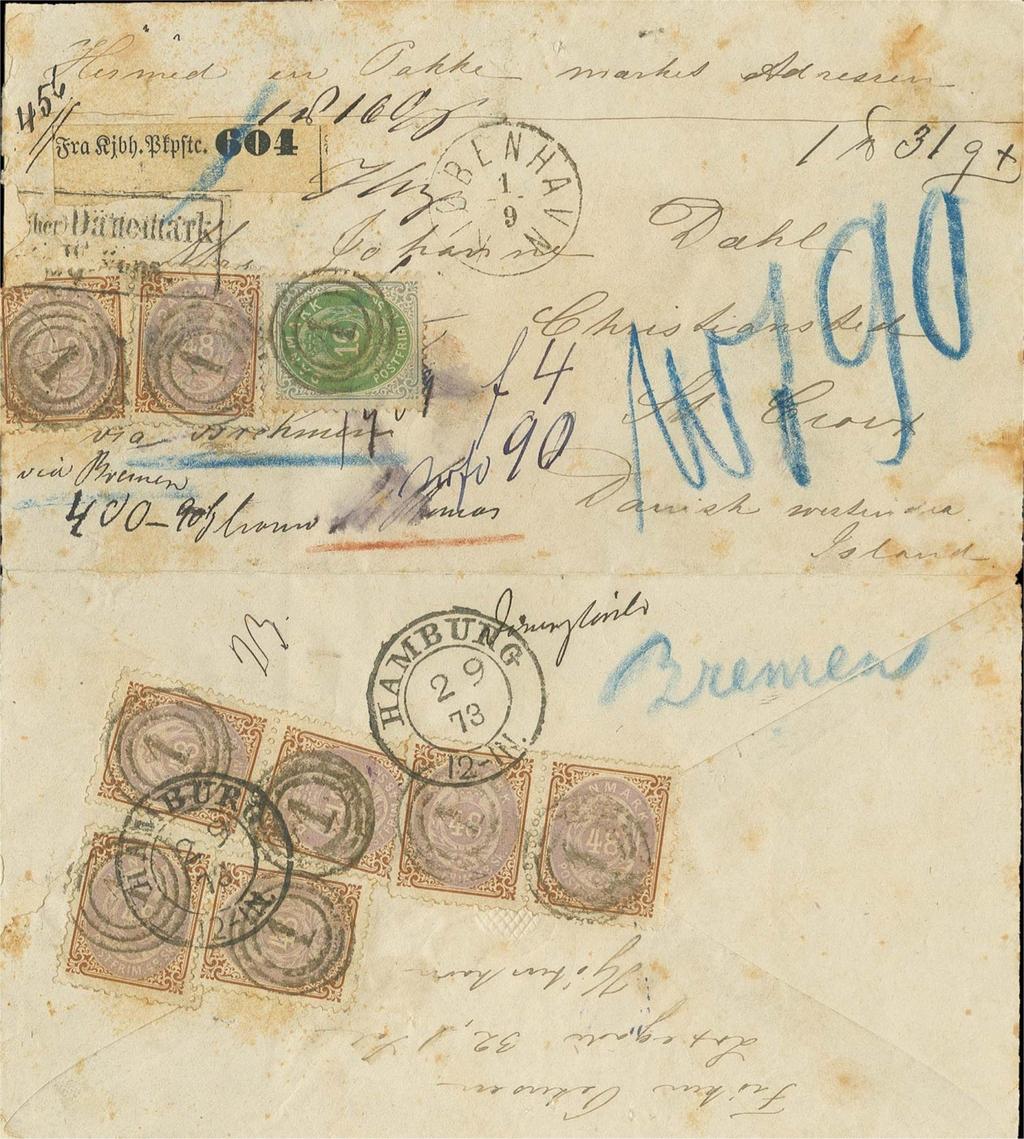 Mail to Danish West India The postage paid 400 skilling equal to 94 sgr. is correct for a parcel of a weight 1p.and 31 gr.