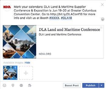 FACEBOOK POSTS Mark your calendars: DLA Land & Maritime Supplier Conference & Exposition is Jun 19-20 at Greater Columbus Convention Center. Go to NDIA.