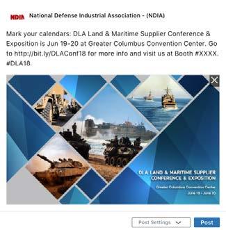 LINKEDIN POSTS Mark your calendars: DLA Land & Maritime Supplier Conference & Exposition is Jun 19-20 at Greater Columbus Convention Center. Go to NDIA.