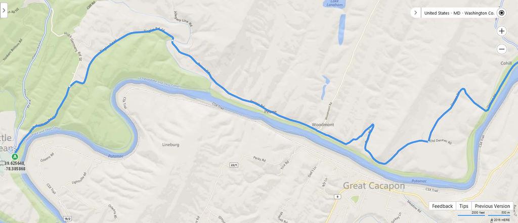 15 Mile Creek to Deneen Road (39.645446, -78.251711) Run Distance: 10.8 miles From the parking lot, head back to High 1.
