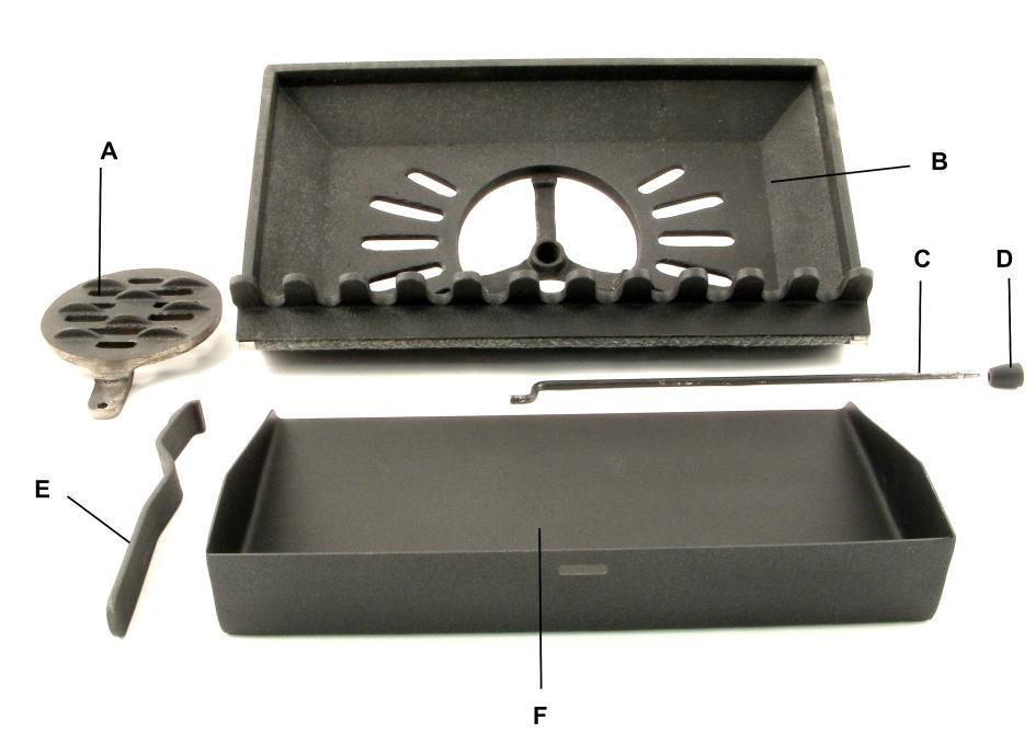 Multi fuel kit fitting instructions for Croft Slimline & Small This M/F kit consists of five parts: A. Centre Grate B. Main Grate C. Riddle bar D. Knob for riddle bar E. Ash pan tool F.