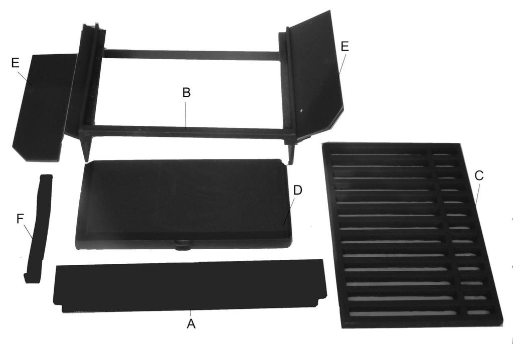 Croft Clearburn Med & Large The M/F kit consists of six parts: A. Front plate with slides B. Grate frame C. Grate D. Ash pan E. Side panel F. Ash pan & front plate tool.