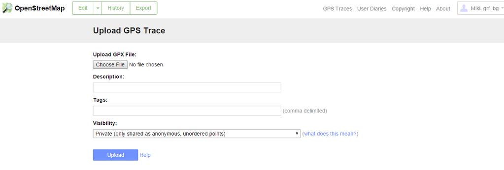 Upload-ovanje GPS podataka Nakon što izaberemo fajl sa ekstenzijom.gpx izaberemo opis položaja (description) mesta koji smo ubacili kao i eventualne dodatke u comma delimited formi(tags).