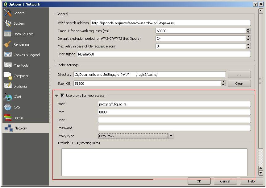 1. Pokrenuti QGIS na dugme Start/All Programs/QGIS Valmiera/QGIS Desktop 2.2.0. Otvoriti opcije QGISa na Settings/Options i kliknuti na karticu Network sa leve strane prozor dijaloga.