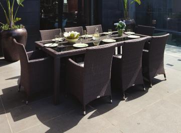 thick cushions One table 220 x 100 x 75cm with 5mm black tempered glass top Rattan Colour: Coffee