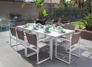 6mm One table 220 x 100cm with aluminium table top Eight chairs with tough polytex sling material Stainless steel support bars and bolts Frame