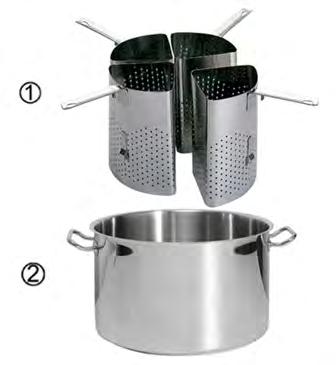 The hook welded to the body allows the cooker to be hitched onto the rim of the cooking utensil so as to strain the food. -segment pasta-cooker Code Designation Ø H.cm Liters Th.mm Kg 370.
