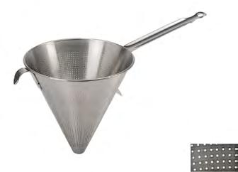 There is a hook opposite the handle to fit the conical strainer inside a pan. You can place the conical strainer on the stand of a piston funnel to avoid spilling the contents.