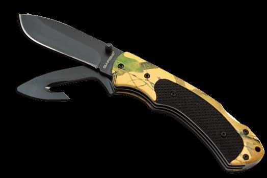sporting goods TWO BLADE CAMO FOLDING SKINNER PART# SK-919 HANDLE: Camo Coated Aluminum with Black Non-Slip Insert BLADE: 3 Main Blade, 2 1/2