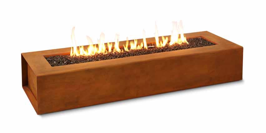 ROBATA CORTEN 72 & 54 LINEAR Material: corten weathering steel with cover plate 60,000 or 80,000 BTU/h, ETL listed (US and Canada) electronic ignition Dimensions: 72 x 24 x 12.5 h 54 x 24 x 12.