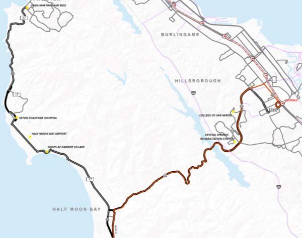Hillsdale to Half Moon Bay where riders can transfer to Route 17 (due to