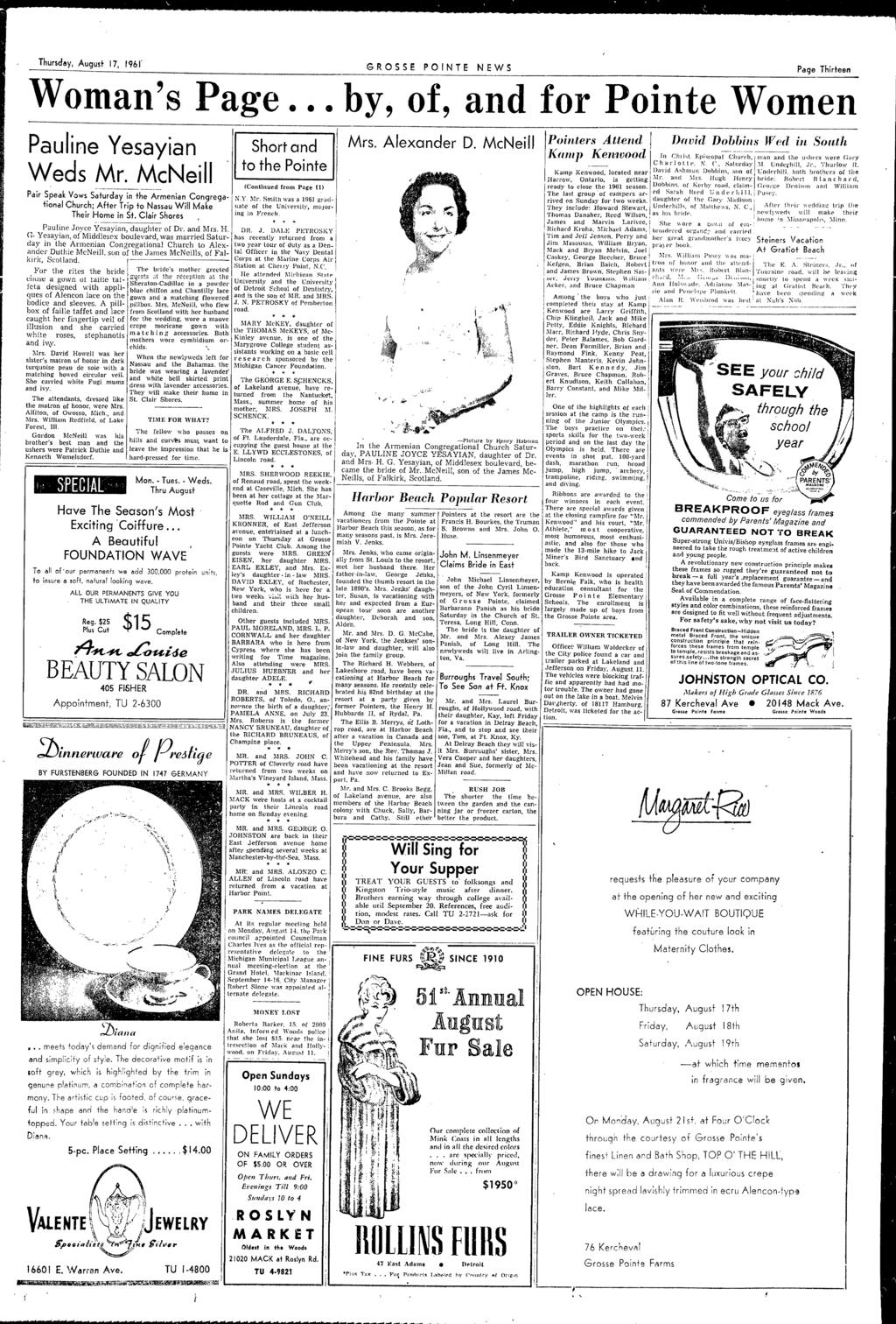 Aftpr1l1('il' ~rsday August 17 1961' GROSSe PONTE NEWS Page Thirteen Woman's Page by of and for Pointe Women Pauline Yesayian Weds Mr.