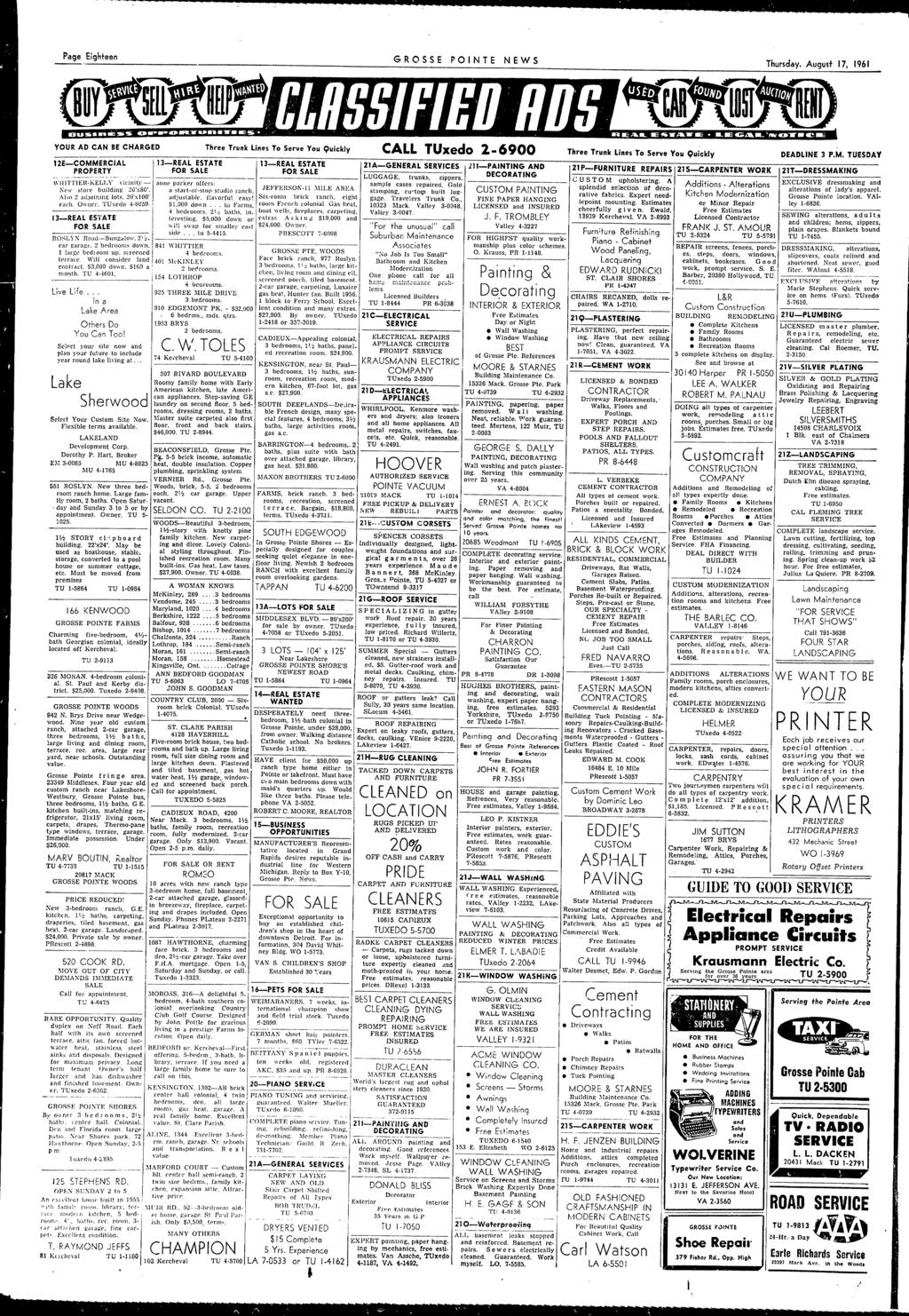 Page Eighteen GROSSE PONTE NEWS Thursday. August 17 1961 YOUR AD CAN BE CHARGED 12E-COMMERCAL PROPERTY "'lttleh-kelly 'icinily- 1\C\\' stol'e building 20'x80'. A.o 2 HiJoining lots.