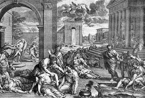 Pandemije kroz ljudsku istoriju Atinska kuga, 430. p.n.e. Još uvek neidentifikovana bolest (najčešće se naziva trbušni tifus) je ubila četvrtinu vojnika i građana Atine, pa je neki istoričari drže zaslužnom za kraj tzv.