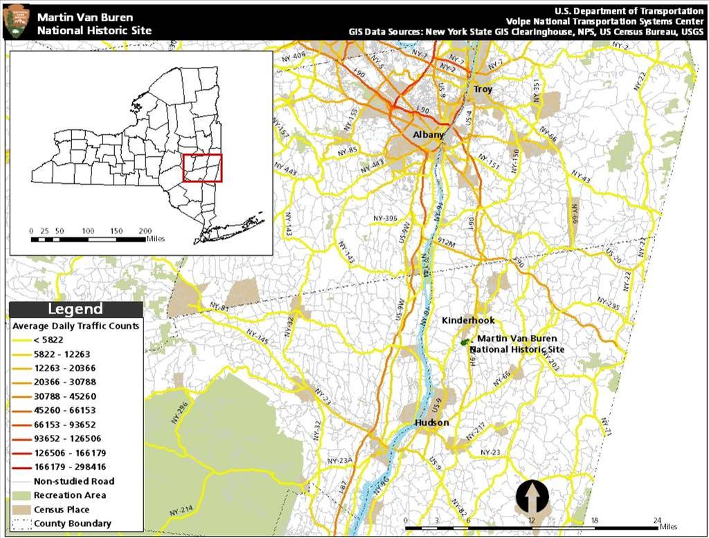 Figure 9 2007 AADT for Columbia County Source: New York State Department of Transportation (NYSDOT) and Volpe Center North of Kinderhook, the AADT for I-90 is 24,911 vehicles.