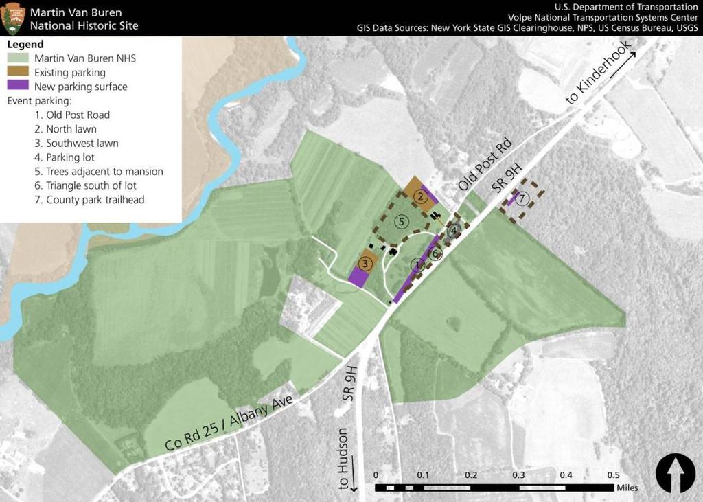 Figure 46 Proposed on-site parking map Source: Volpe Center Parking design There are several design options for new parking that would accommodate vehicles, protect the lawn, and minimize mud.