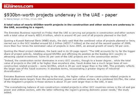 Regional Prospects Middle East: The UAE is carrying out projects in Construction and other sectors with total value of approx. AED3.