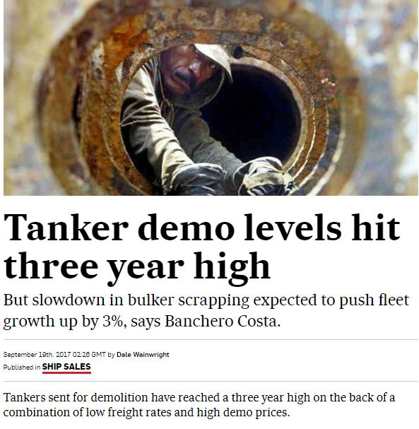 Tankers sent for recycling have reached a three year high on the back of a combination of low freight rates and high demo prices.