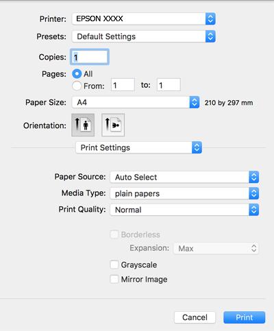 Печатење 4. Изберете Поставки за печатење од појавното мени. Кај OS X Mountain Lion или понов, ако не се прикаже менито Поставки за печатење, двигателот за печатачот Epson не бил инсталиран правилно.