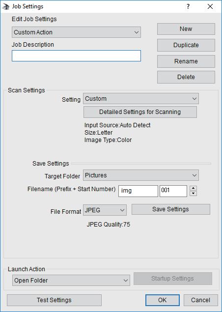 Скенирање 4. Направете ги поставките за скенирање на екранот Job Settings. Edit Job Settings: Изберете Custom Action.