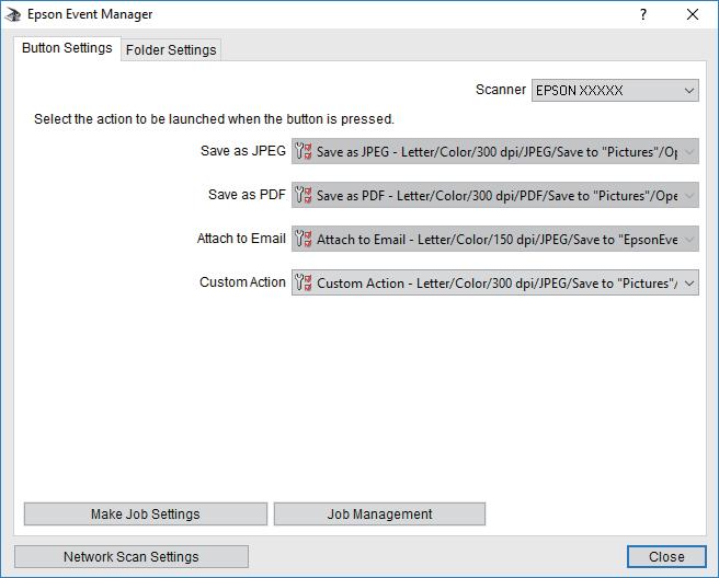 Скенирање 6. Погрижете се дека е избрано Custom Action на листата Custom Action. 7. Кликнете на Close за затворање на Epson Event Manager.