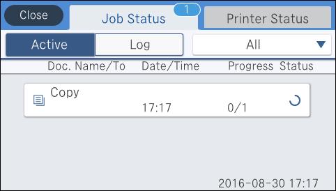 Основни информации за печатачот Конфигурација на екран Job/Status Притиснете на копчето или на задачите. за да се прикаже менито Job/Status.