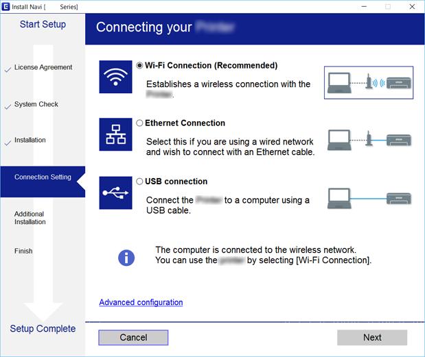 Мрежни поставки Избирање на начини на поврзување Следете ги упатствата на екранот додека не се прикаже следниов екран и потоа изберете го начинот на поврзување на печатачот на компјутерот.