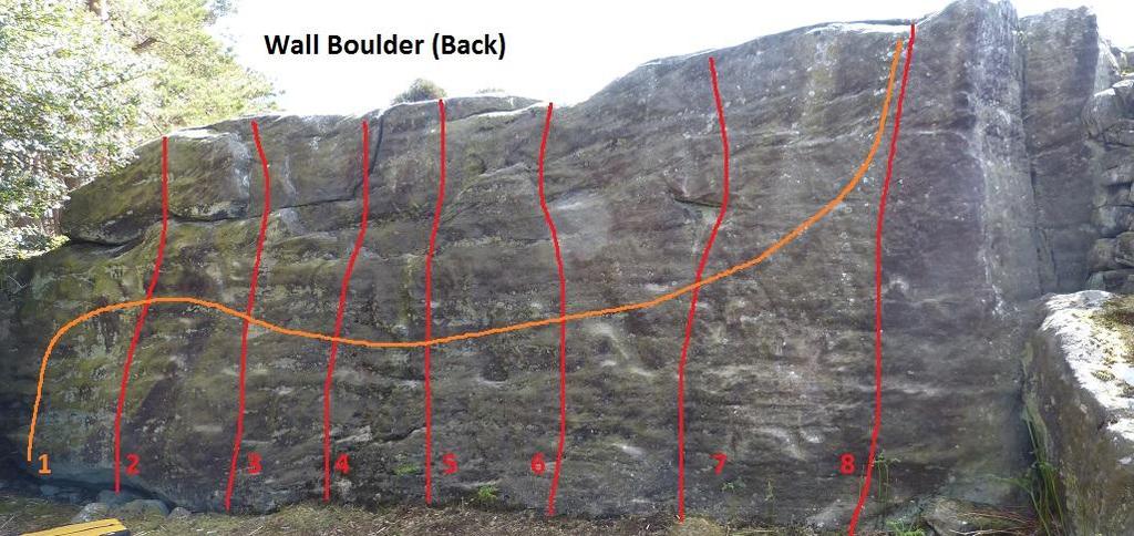 1 Scratch my Back F3+.* Left/right traverse. 2 Greenback F3. LH line to rounded finish. 3 High Corner F2. To small upper corner. 4 High Crack F2. To short high crack. 5 Tufty F2+.