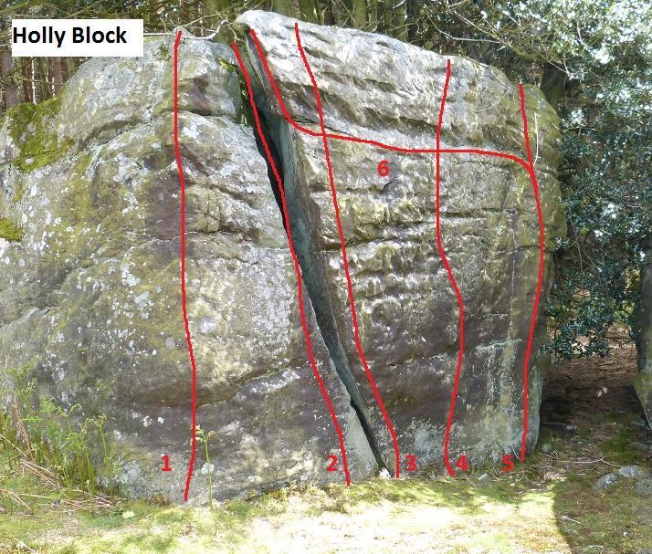 The Holly Block is opposite the back of the Wall Boulder. The Holly on top has been trimmed since the picture was taken. Descend via route 1. 1 Holly Rib F1. The descent route.