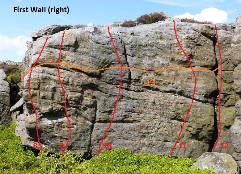 The technical wall left of the jamming crack is excellent. 12 Back Crack F2+. The crack. 13 Bob s New Traverse F6a ** A full mid-height traverse of The First Walls from Let s Go to the Back Crack.