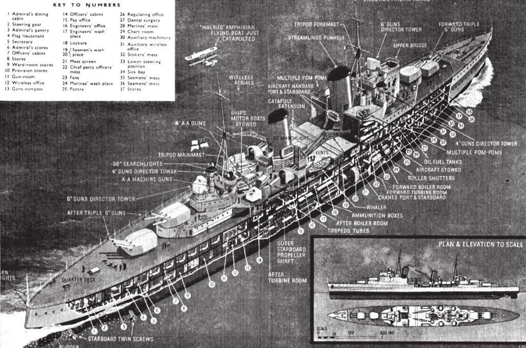 ABovE a cutaway view of a southampton class cruiser as she would have appeared during the opening year of the war, from a contemporary publication entitled Britain s Glorious Navy.