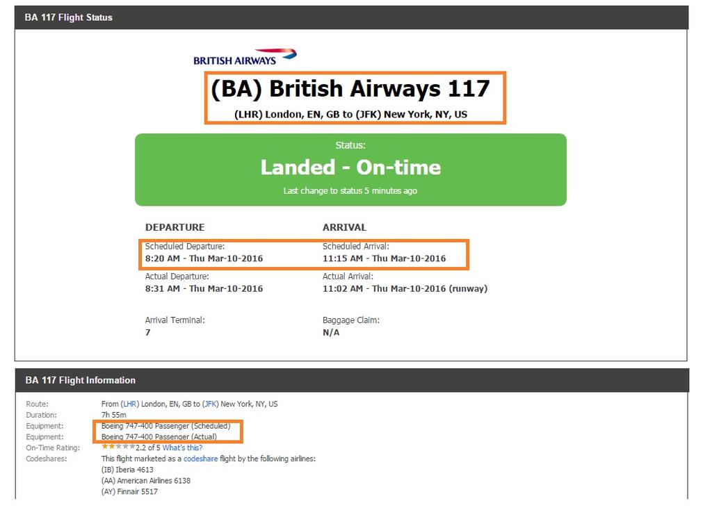 As you can see I choose the 1st flight. The orange boxes highlight all the required information I would need for ACARS.
