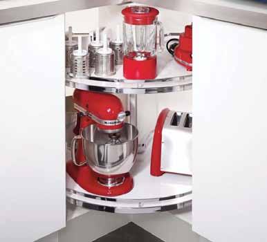 revo 90º revolving corner cabinet fittings Newly developed control mechanisms REVOfit and a rotation absorber enables a smooth train of motion through all phases from the soft retraction of the doors