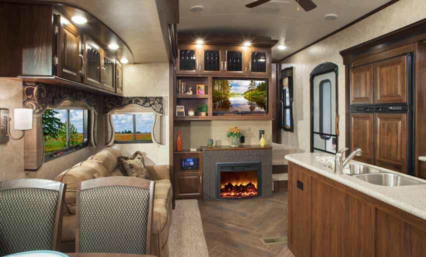 Five slide-outs, ample storage and an extra half bathroom make life on the road a breeze.